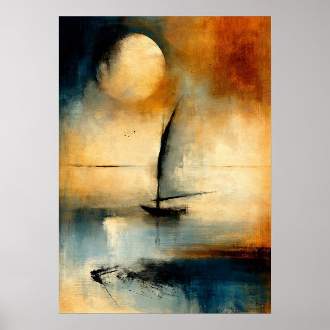 Moon Wasen Japansk Sumi-E Abstrakt Båt Väggkonst (Framsidan)