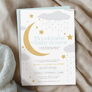 Moonbeams och baby drömmer om blå babydusch inbjudningar