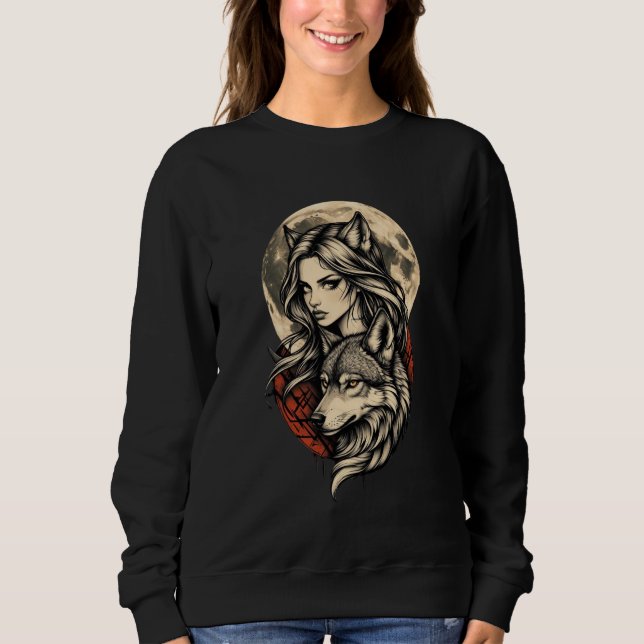 Moonbound Guardian She of the Wolf Moon Lunar Wolf T Shirt (Framsida)