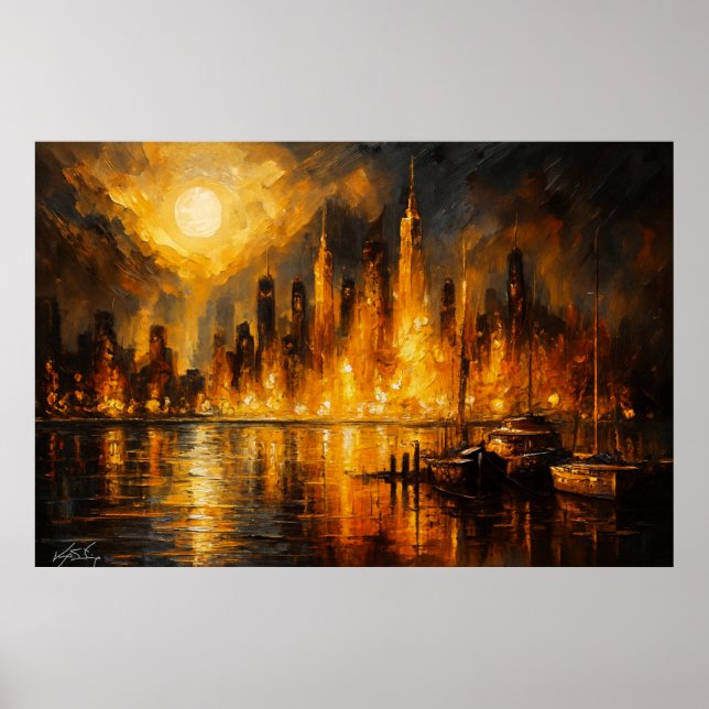 Moonfire Skyline - Eldig stadsbild under fullmåne Poster (Framsidan)