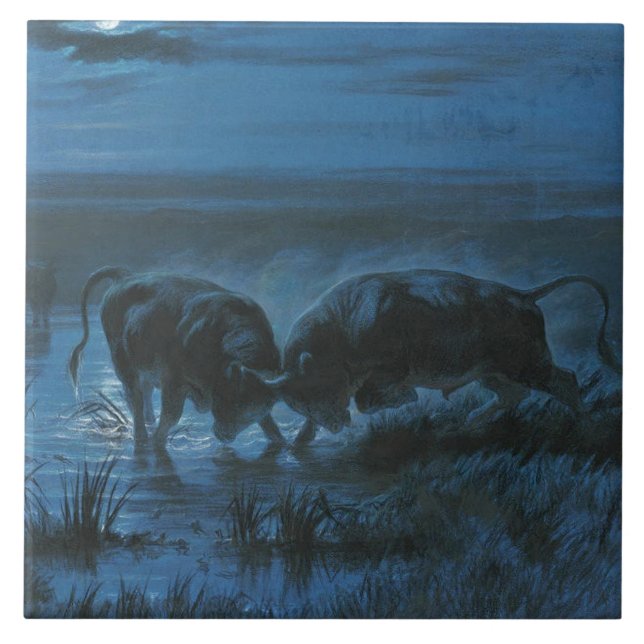 Moonlight Battle (Vatten Buffalo Fighting) Kakelplatta (Framsidan)
