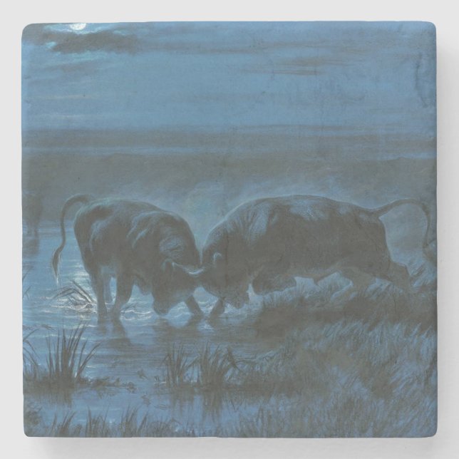 Moonlight Battle (Vatten Buffalo Fighting) Stenunderlägg (Framsidan)