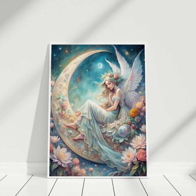 Moonlight Blommar Fairy Poster (Moonlight Blossom Fairy Poster in a white wooden frame)