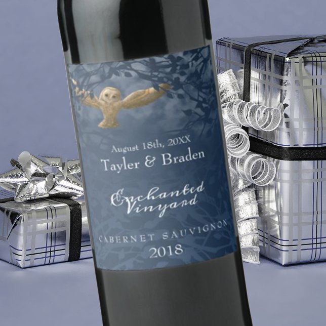Moonlight Blue, Uggla, Forest Food Vin-etikett Vinflaska Etikett (company Christmas logo wine labels, corporate holiday stickers, flying owl in flight, nighttime)