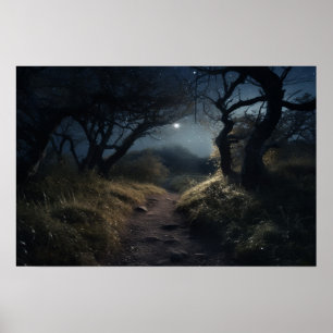 Moonlight går genom väg genom skogen poster