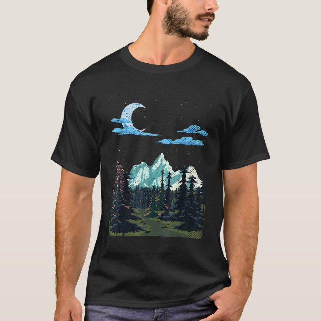 Moonlight Hiking Mountain Forest Träd Crescent Mo T Shirt (Framsida)