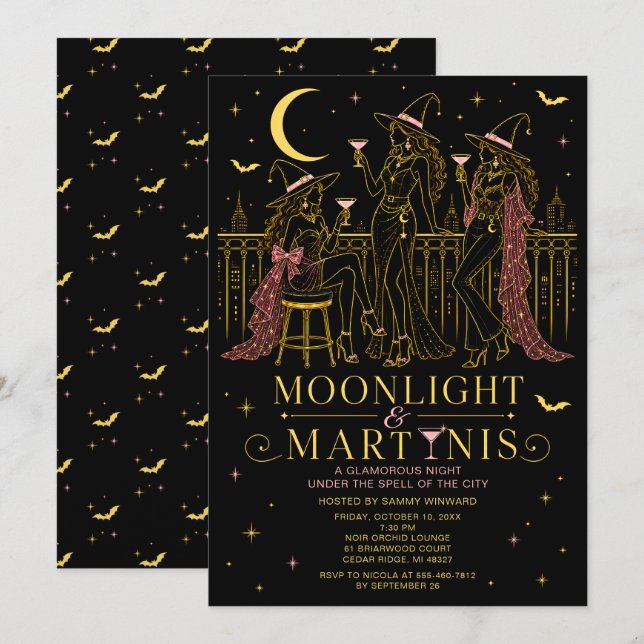 Moonlight & Martinis Halloween Tjejkväll Inbjudningar (Fram/baksida)