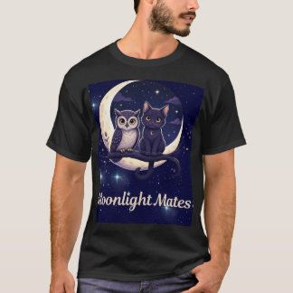 Moonlight Mates Söt Svart Katt och Uggla Halvmåne T Shirt
