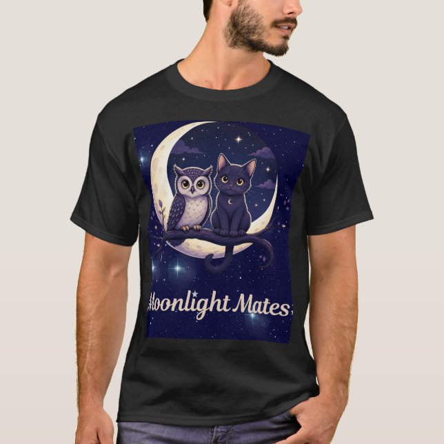 Moonlight Mates Söt Svart Katt och Uggla Halvmåne T Shirt (Framsida)