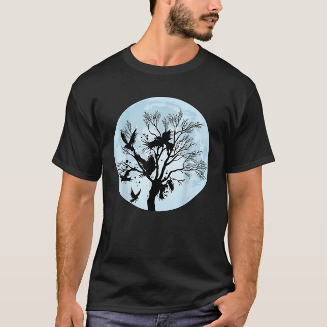 Moonlight Night Black Crow Forest Animal Bird Rave T Shirt (Framsida)