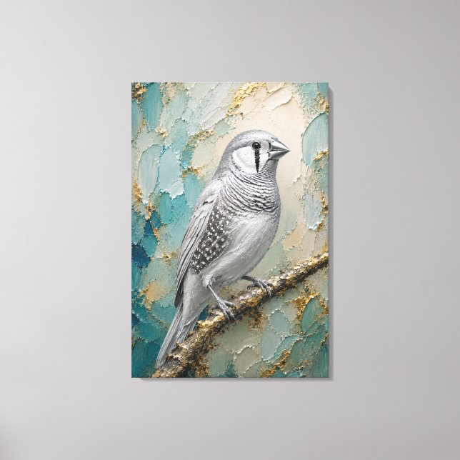 Moonlight Silver Finch – Lyxig Metallisk Impasto Canvastryck (Framsida)