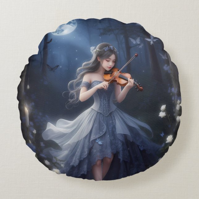 Moonlight Symphony - Dreamy Violin Putching Girl Rund Kudde (Framsidan)