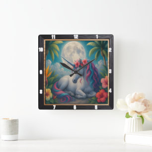 Moonlight Unicorn Tropical Flowers Fyrkantig Klocka
