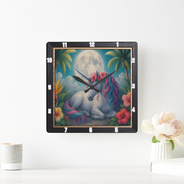 Moonlight Unicorn Tropical Flowers Fyrkantig Klocka (Hem)