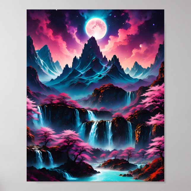 Moonlight Waterfalls Fantasy Landsca Poster (Framsidan)