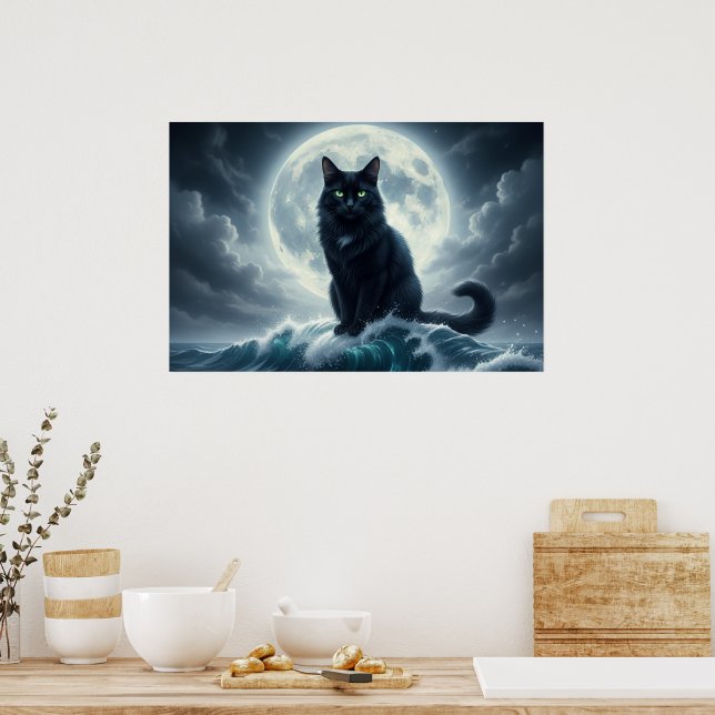 Moonlight Wave & Black Cat Poster (Kök)