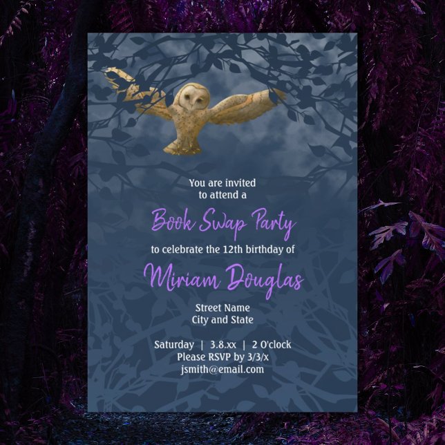 Moonlit Barn Uggla, Midnight Blue Forest Card Inbjudningar (blue purple forest magical fantasy owl in flight girls birthday )