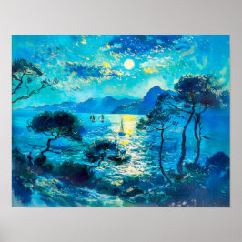 Moonlit Bay med Boats Impressionist Nocturne Poster
