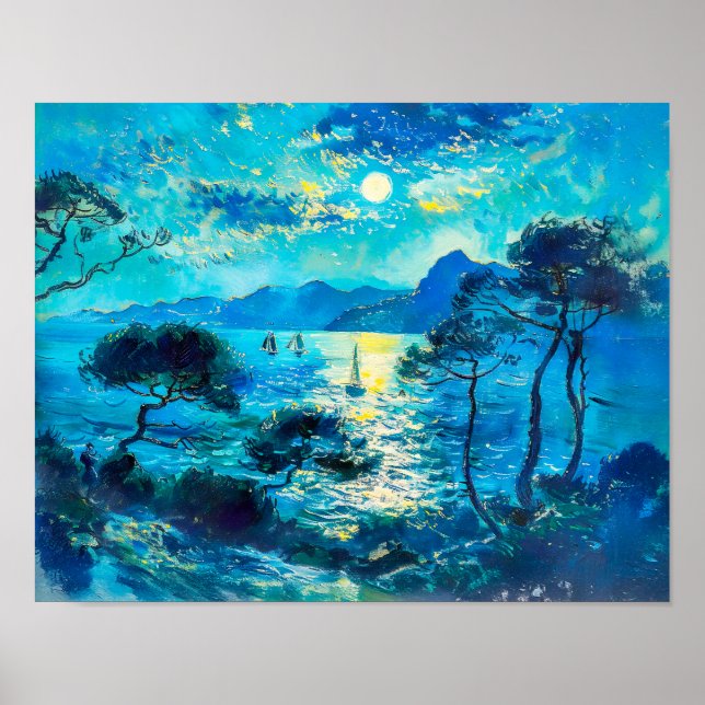 Moonlit Bay med Boats Impressionist Nocturne Poster (Framsidan)