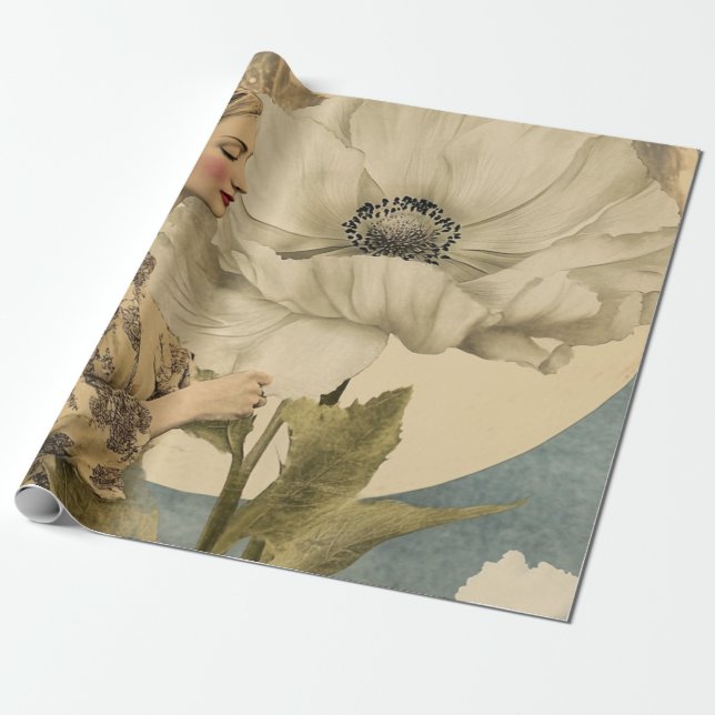 Moonlit Beauty - Kvinnor med vit blomma och Måne Presentpapper (Utrullad)