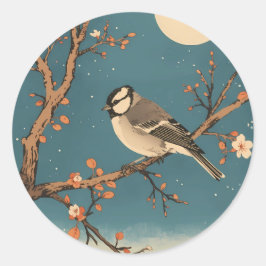 Moonlit Bird on Blossom Branch Stickers Runt Klistermärke