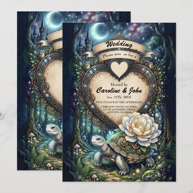 Moonlit Bloom – The Enchanted Celtic Turtle.  Inbjudningar (Fram/baksida)