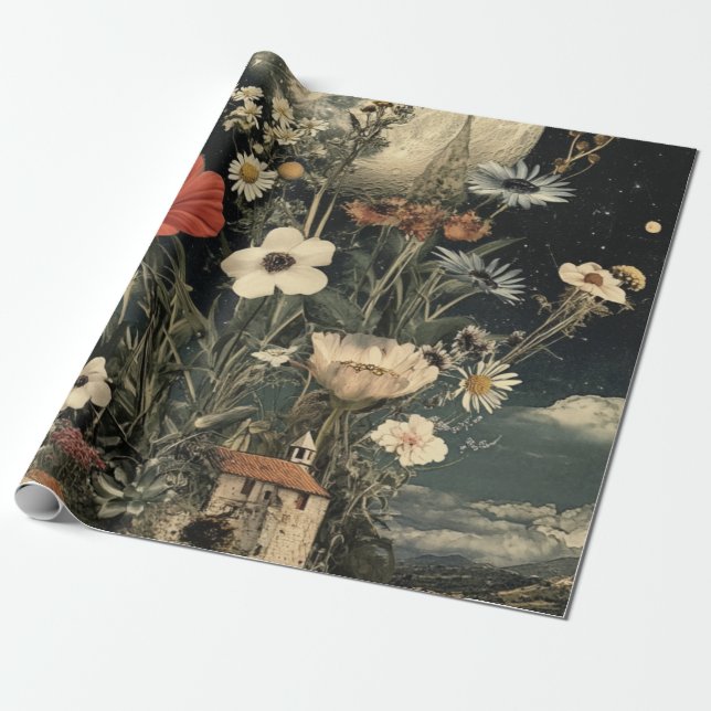 Moonlit Blooms over Rustic Charm Presentpapper (Utrullad)