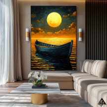 Moonlit Boat Journey - Naïf Dreamy Nattkonst