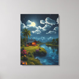 Moonlit Cabin vid floden - Natur Wall Art. Canvastryck