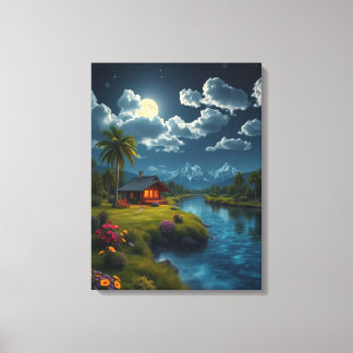Moonlit Cabin vid floden - Natur Wall Art. Canvastryck