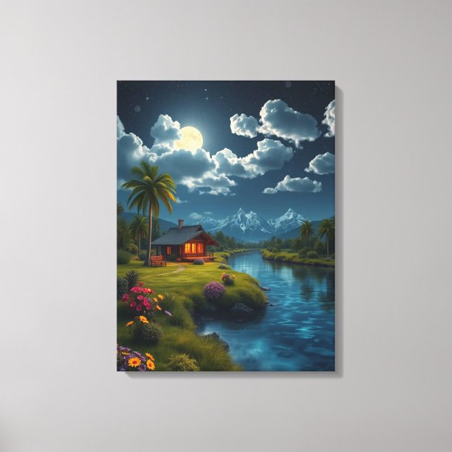 Moonlit Cabin vid floden - Natur Wall Art. Canvastryck (Framsida)