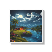 Moonlit Cabin vid floden - Natur Wall Art.