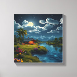 Moonlit Cabin vid floden - Natur Wall Art. Canvastryck