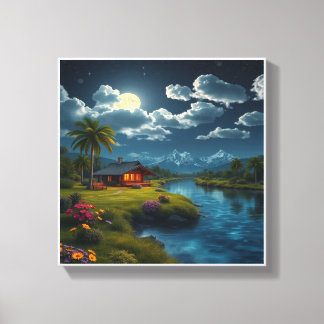 Moonlit Cabin vid floden - Natur Wall Art. Canvastryck