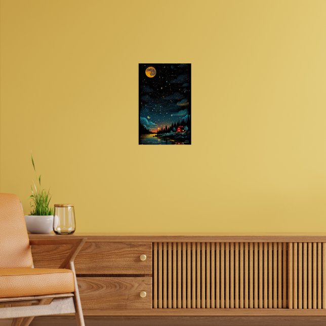 Moonlit Cabin vid Sjö - Starry NattForest Poster (Vardagsrum 2)