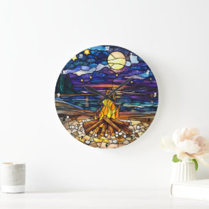 Moonlit Campfire Serenze Stached Glass Wall Stor Klocka