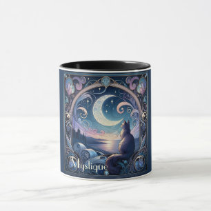 Moonlit Cat Fantasy Blue Art nouveau Mugg