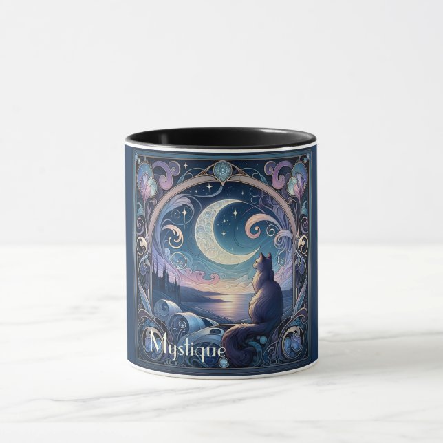 Moonlit Cat Fantasy Blue Art nouveau Mugg (Center)