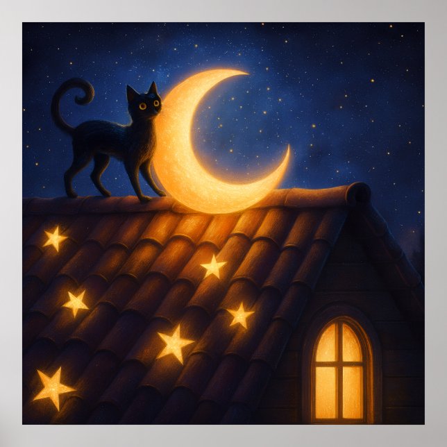 Moonlit Cat on Starry Rooftop Poster (Framsidan)
