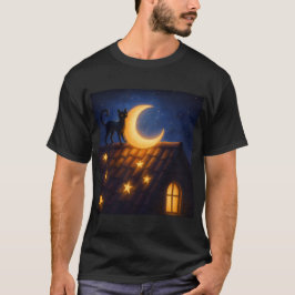 Moonlit Cat on Starry Rooftop T Shirt