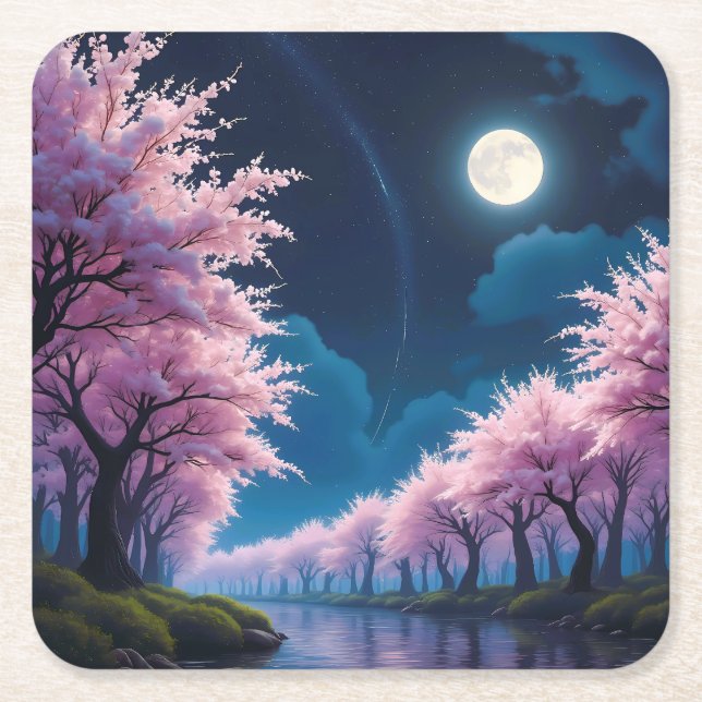 Moonlit Cherry Blommar Anime Ligcape Underlägg Papper Kvadrat (Framsidan)