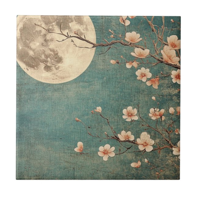 Moonlit Cherry Blommar Serenity Kakelplatta (Framsidan)