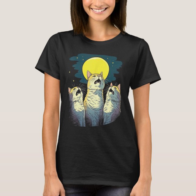 Moonlit Chorus Trio of Cats Singing Melodies T Shirt (Framsida)