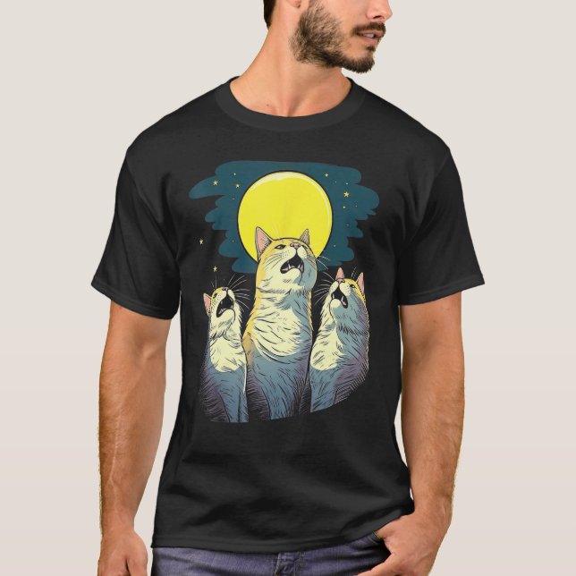 Moonlit Chorus Trio of Cats Singing Melodies T Shirt (Framsida)