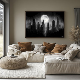 Moonlit City Skyline med full måne - Svartvit Poster