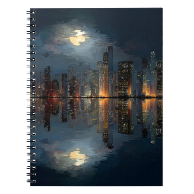 Moonlit City Skyline Reflection Notebook Anteckningsbok (Framsidan)