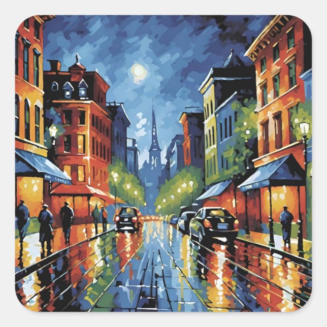 Moonlit City Street Fyrkantigt Klistermärke (Framsida)
