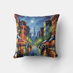 Moonlit City Street Kudde