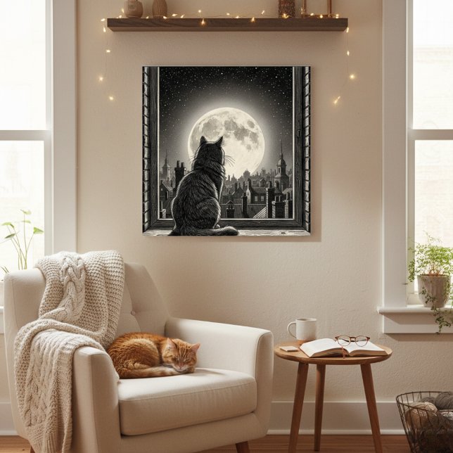 Moonlit Cityscape Cat Poster Black & White Noir  (Skapare uppladdad)