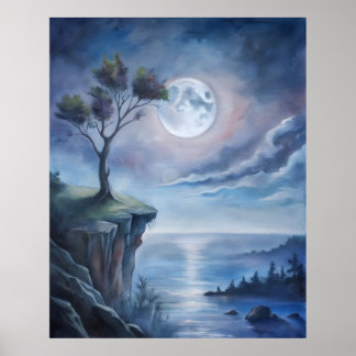 Moonlit Cliffside vacker Poster